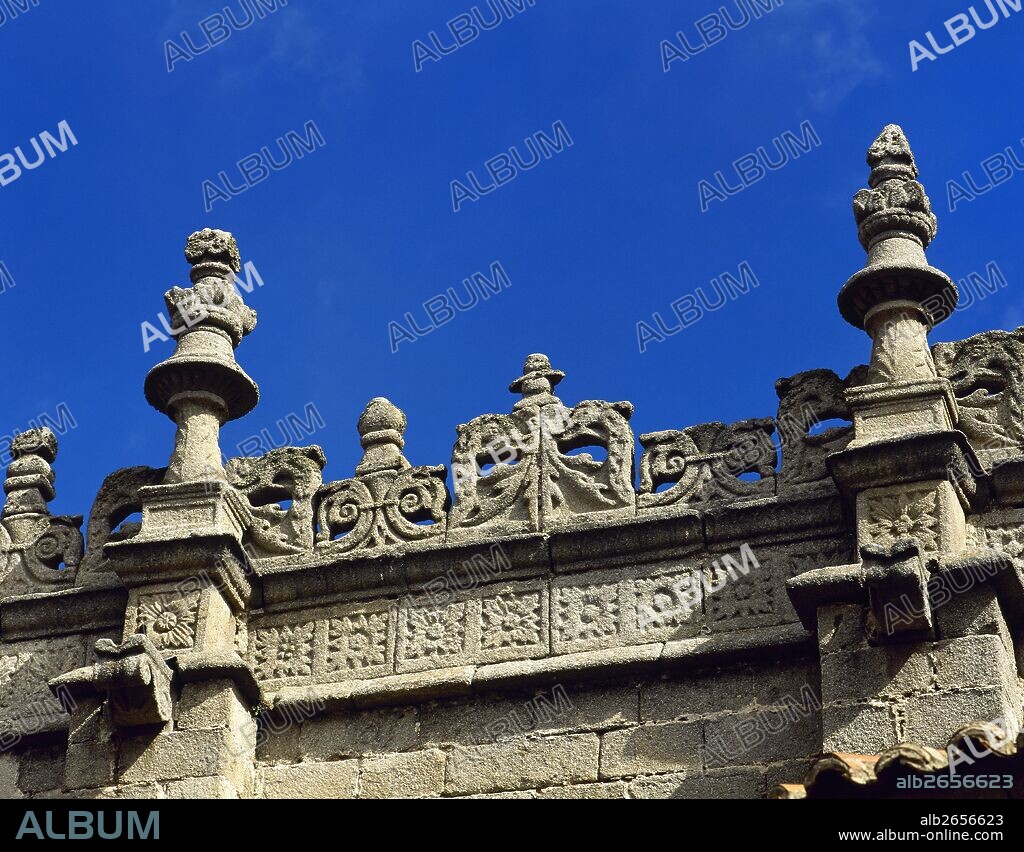 Spain, Castile and Leon, Avila. Cathedral of St. Salvador. Catholic church, started in the 12th century in Romanesque style and concluded in the 14th century in Gothic style. Architectural detail of the exterior.