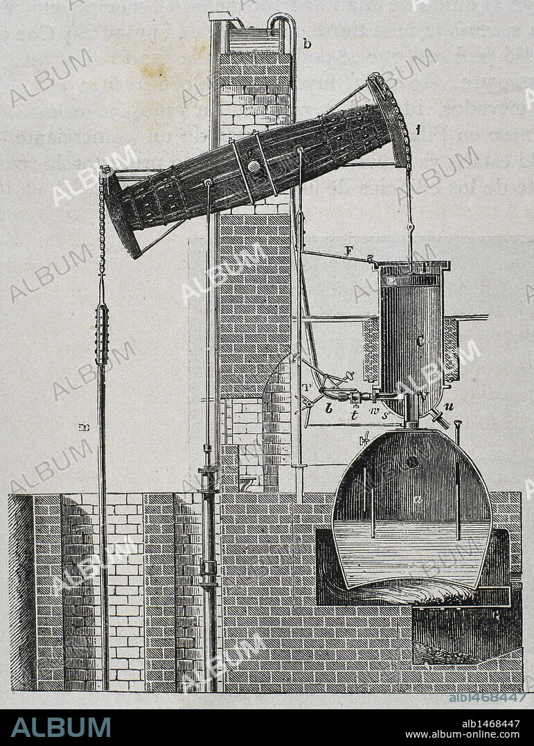MAQUINA ATMOSFERICA o también llamada "MAQUINA DE NEWCOMEN", en honor de su inventor, el mecánico inglés Thomas Newcomen (1663-1729). Este aparato consistía en una bomba de vapor proyectada para achicar agua en las galerías de minas (1712). Fue la primera máquina de vapor útil, precursora de la de Watt (1776). Grabado.