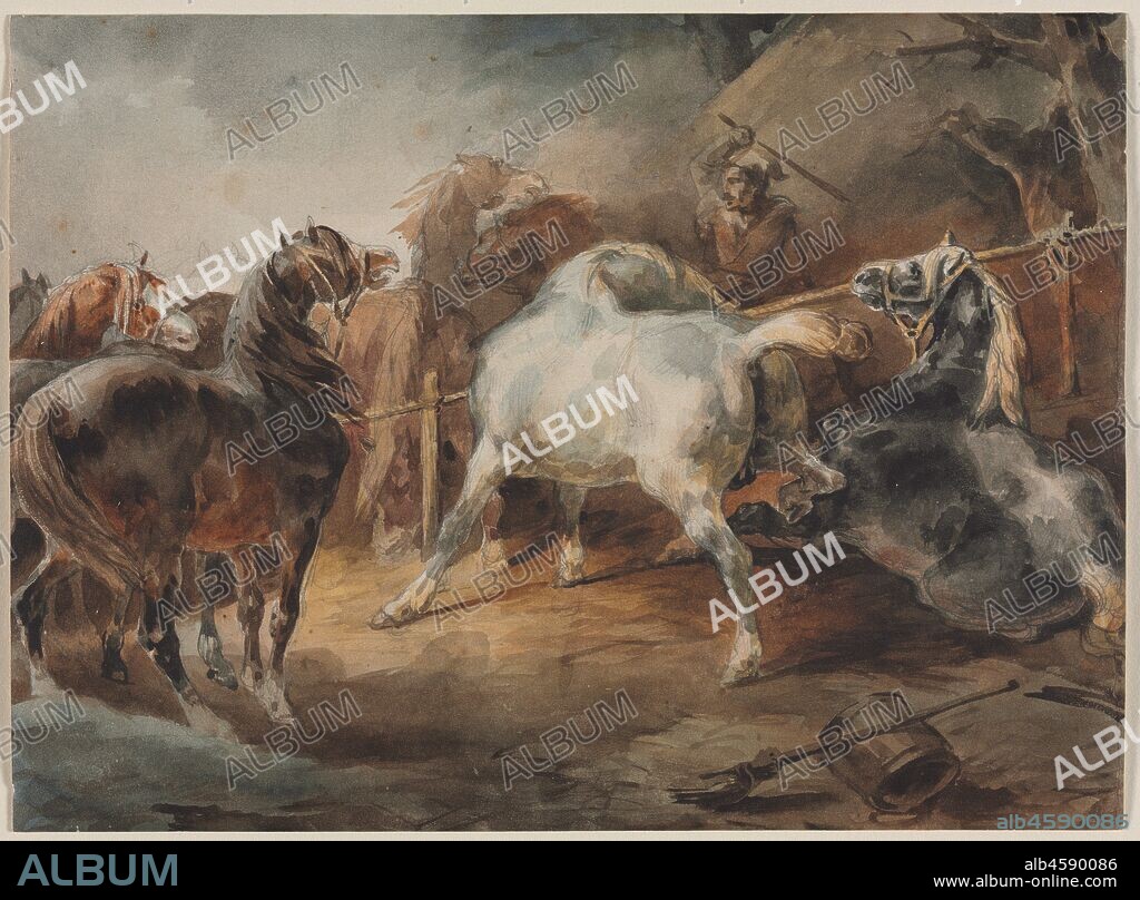 Fighting Horses, c. 1820. A dramatic vigor pervades Géricualt's paintings and drawings, many of which present horses as the primary subject. The tragically short-lived artist was fascinated by the power and majesty of horses and was himself an avid rider. The brutalizing force that characterizes much of the artist's work is very much evident in this watercolour, in which a groom struggles to separate a pair of fighting horses.
