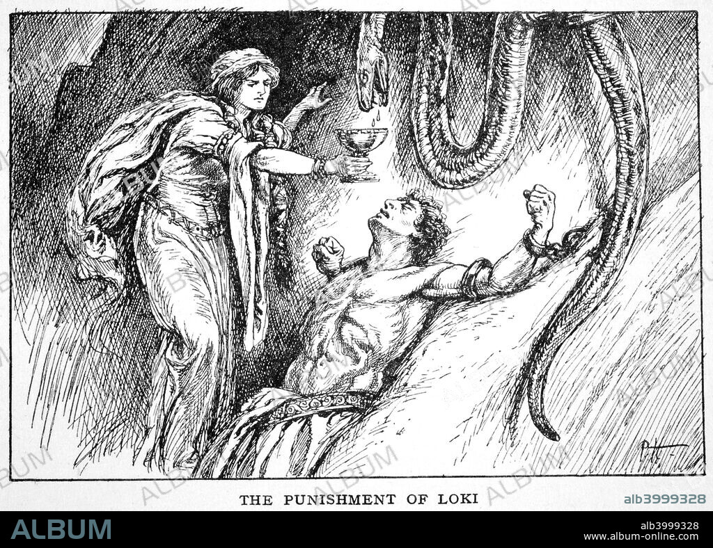 'The Punishment of Loki', 1925. Loki is a giant in Norse mythology, who is bound to a rock by the other gods and forced to have poison from a snake dropped on his face. His wife, Sgyn, tries to catch the drops with a cup. From The Book of Myths by Amy Cruse, 1925.