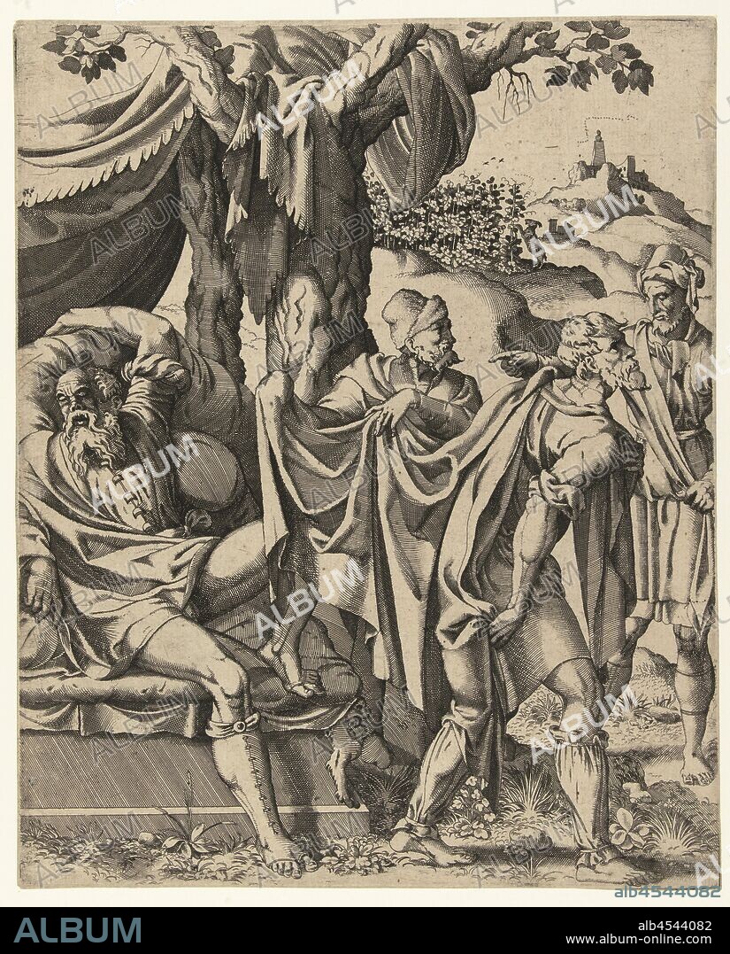 Drunkenness from Noah, Noah, drunk and half-naked, with left arm above the head on a couch. His son Ham points at him and mocks him. Sem and Jafet shield their father with a dress., The drunkenness of Noah, Shem and Japheth cover their father Noah, Ham usually stands nearby deriding him, Hans Liefrinck (I) (attributed to), 1540 - 1560, paper, etching, h 241 mm × w 194 mm.