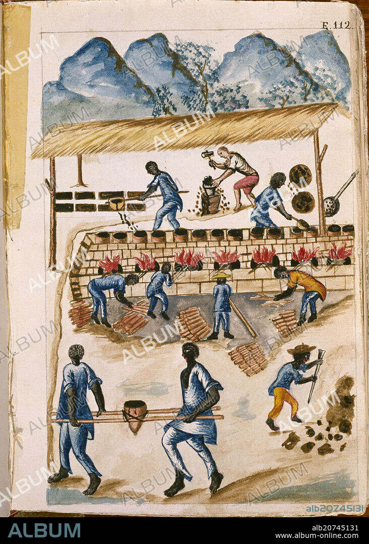 BALTASAR JAIME MARTÍNEZ COMPAÑÓN. CODICE TRUJILLO DEL PERU - TOMO II E 112 - SACA Y BENEFICIO DE LA BREA DEL MINERAL DE AMOTAPE - ACUARELA -  SIGLO XVIII.