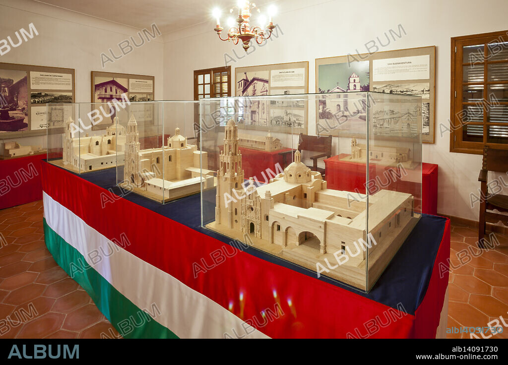 Models of the Californian missions. Fray Junípero Serra Museum. Petra. Mallorca. Balearic Islands. Spain.