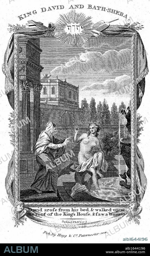 King David looking down from the roof of his palace sees Bathsheba, wife of Uriah the Hittite, naked at the fountain, and desires her. Bible Samuel 2.2. Copperplate engraving c1804.