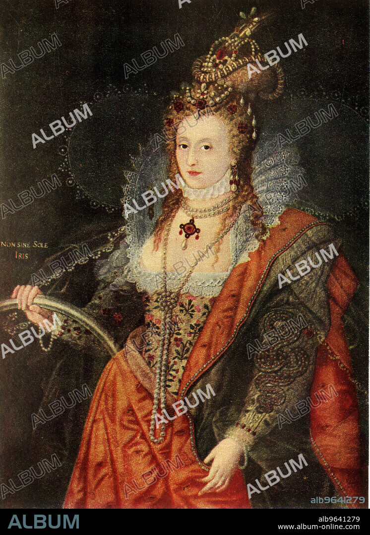 'Elizabeth', (c1911). Queen Elizabeth I of England. The motto: 'Non sine sole iris' (no rainbow without sun) refers to Elizabeth as the bringer of peace. In her hand, she holds a rainbow - a message of hope. 'From a painting by Zucchero. In the collection of the Marquis of Salisbury, at Hatfield'. Published in "The Portrait Book of Our Kings and Queens 1066-1911", edited by T. Leman Hare. [T. C. & E. C. Jack, London & Edinburgh].
