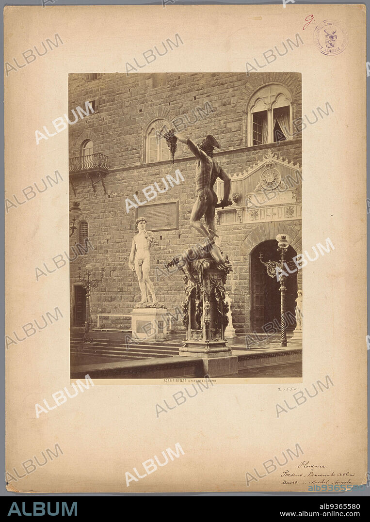 The David by Michelangelo and Perseus by Benvenuto Cellini in Piazza della Signoria in Florence, Il Perseo e il David (title on object), anonymous, Florence, 1850 - 1900, photographic support, cardboard, albumen print, height 392 mm × width 291 mm.