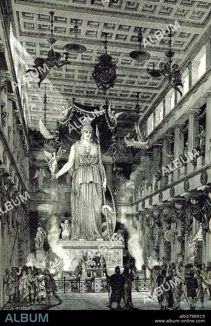 Parthenon illustration taken from page 80 of "Greek Pictures, drawn with pen and pencil" by Sir John Pentland Mahaffy, 1890. The Parthenon is a temple on the Athenian Acropolis, Greece, dedicated to the maiden goddess Athena. Construction began in 447 BC when the Athenian Empire was at the height of its power. It was completed in 438 BC, although decoration of the building continued until 432 BC. It is the most important surviving building of Classical Greece, generally considered the culmination of the development of the Doric order. Its decorative sculptures are considered some of the high points of Greek art. The Parthenon is regarded as an enduring symbol of Ancient Greece, Athenian democracy, western civilization and one of the world's greatest cultural monuments. In Greek religion and mythology, Athena is the goddess of wisdom, courage, inspiration, civilization, law and justice, just warfare, mathematics, strength, strategy, the arts, crafts, and skill. Minerva is the Roman goddess identified with Athena. Athena is portrayed as a shrewd companion of heroes and is the patron goddess of heroic endeavor. She is the virgin patroness of Athens. The Athenians founded the Parthenon on the Acropolis of her namesake city, Athens, in her honor.