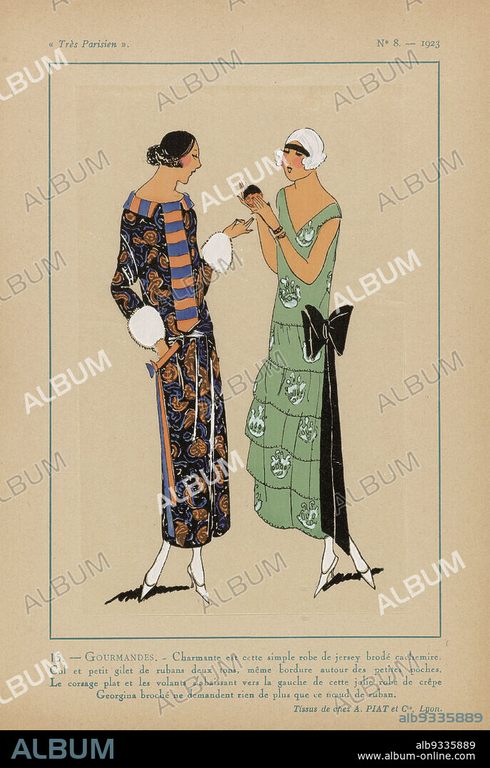 Très Parisien, 1923, No 8: 15.- GOURMANDISES. - Charmante est cette simple robe..., Left: Gown of jersey embroidered with cashmere. Collar and vest striped in two colors, with idem band around the small side pockets. Right: Dress of brocaded crepe Georgina, consisting of a straight bodice and a skirt with strips, on the side a large bow of black ribbon. Fabrics from A, Piat et Cie. Print from the fashion magazine Très Parisien (1920-1936)., print maker: anonymous, A. et Cie Piat (mentioned on object), Lyon, Paris, 1923, paper, letterpress printing, height 269 mm × width 180 mm.