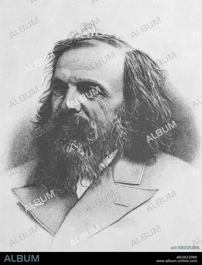 Dmitri Ivanovich Mendeleev (February 8, 1834 - February 2, 1907) was a Russian chemist, inventor and credited as being the creator of the first version of the periodic table of elements. Using the table, he predicted the properties of elements yet to be discovered. In 1863 there were 56 known elements with a new element being discovered at a rate of approximately one per year. After becoming a teacher, Mendeleev wrote the definitive textbook of his time: Principles of Chemistry (two volumes, 1868-70). As he attempted to classify the elements according to their chemical properties, he noticed patterns that led him to postulate his periodic table which described elements according to both atomic weight and valence. The Russian chemist and science historian Lev Chugaev has characterized him as "a chemist of genius, first-class physicist, a fruitful researcher in the fields of hydrodynamics, meteorology, geology, certain branches of chemical technology (explosives, petroleum, and fuels) and other disciplines adjacent to chemistry and physics, a thorough expert of chemical industry and industry in general, and an original thinker in the field of economy." He died in 1907 from influenza at the age of 72.