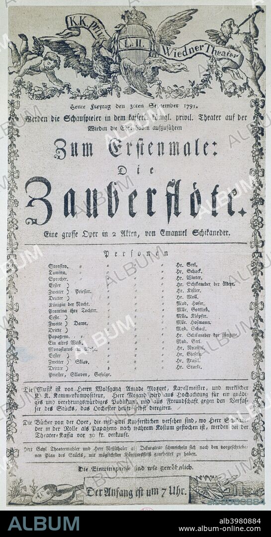 Poster for the opera The Magic Flute, (Die Zauberflote), 1791. Austrian composer Wolfgang Amadeus Mozart's (1756-1791) last opera, libretto by Emanuel Schikaneder (1751-1812). It was first performed in Vienna on 30 September 1791.