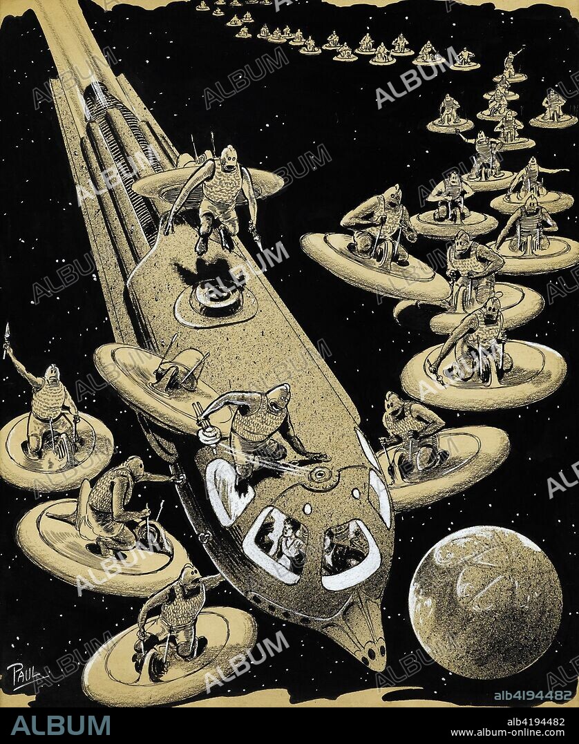 Created for a science fiction tale, Frank R. Paul, a fleet of space creatures on sled are trying to break into a spaceship with humans inside. - Frank R. Paul.