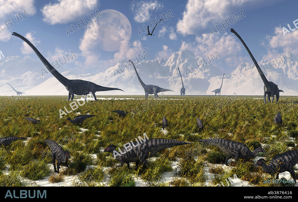 A mixture of sauropod and hadrosaur dinosaur herds grazing together.