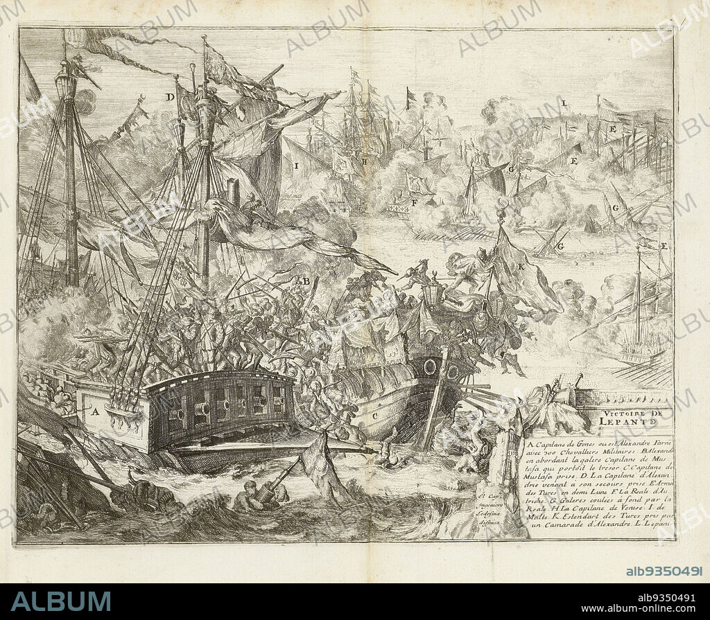 Battle of Lepanto, 1571, Victoire de Lepanto (title on object), Guerres de Flandres (series title), The Battle of Lepanto, October 7, 1571. The Holy League fleet under the command of Don Juan of Austria defeats the Turks in the naval battle at Lepanto. On the left, a ship on which soldiers bearing the battle of Farnese. Bottom right a cartouche with the title and legend A-L in French., print maker: Romeyn de Hooghe (attributed to), Don Juan de Ledesma, Netherlands, 1670 - 1699, paper, etching, height 270 mm × width 346 mm.