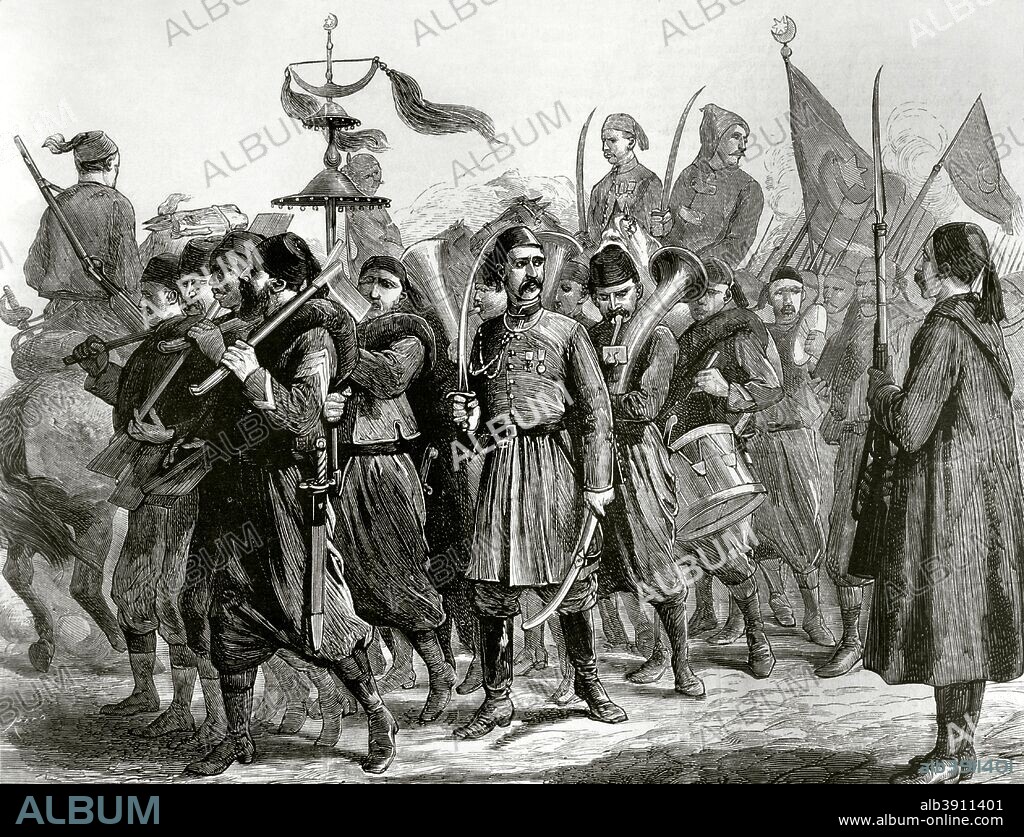 Guerra de Oriente o Guerra Ruso-Turca (1877-1878). Tropas del Imperio Otomano (Turquía) en marcha para la frontera de Serbia. Grabado. La Ilustración Española y Americana, 8 de julio de 1876. Biblioteca Histórico Militar de Barcelona. Cataluña, España.