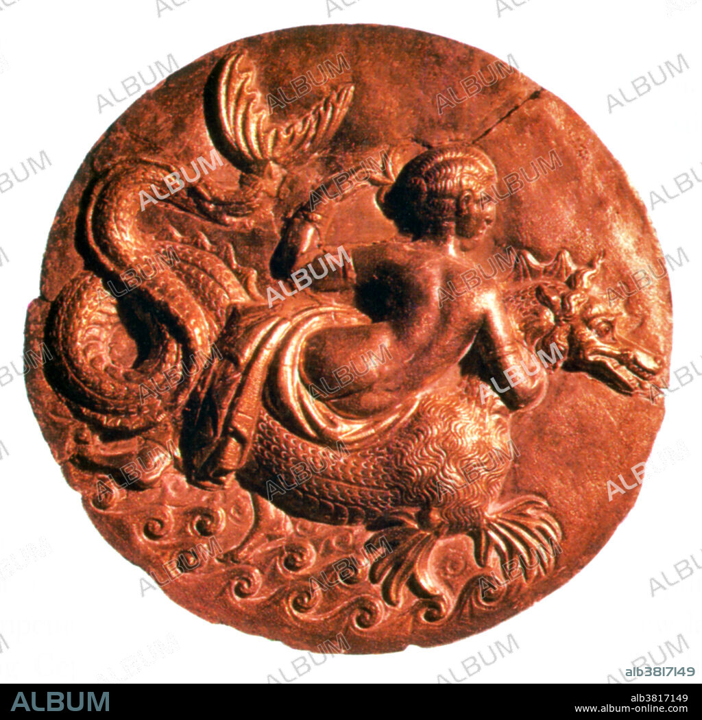 In Greek mythology, the Nereids are sea nymphs (female spirits of sea waters), the fifty daughters of Nereus and Doris, sisters to Nerites. They were distinct from the mermaid-like Sirens. They often accompany Poseidon and can be friendly and helpful to sailors fighting perilous storms. A nymph in Greek mythology and in Latin mythology is a minor female nature deity typically associated with a particular location or landform. There are five different types of nymphs, Celestial Nymphs, Water Nymphs, Land Nymphs, Plant Nymphs and Underworld Nymphs. Different from goddesses, nymphs are generally regarded as divine spirits who animate nature, and are usually depicted as beautiful, young nubile maidens who love to dance and sing. Relief of Nereid riding a serpent. Late second century BC.