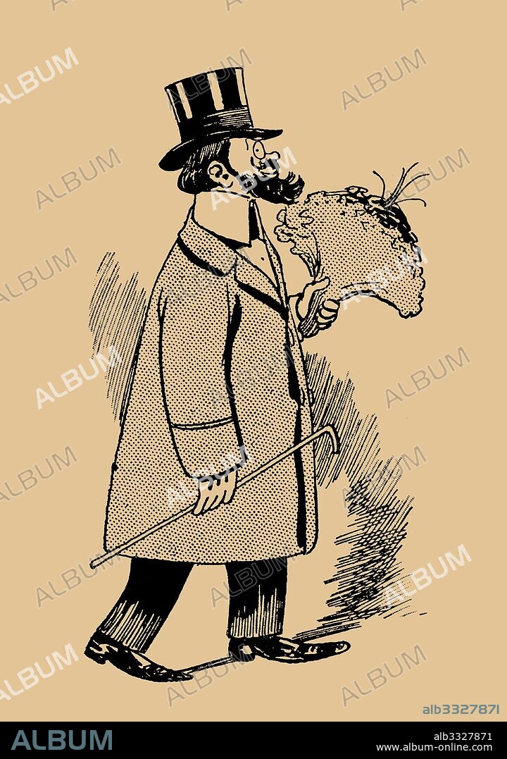 FRANCISCO NAVARRETE SIERRA. Dibujo humorístico alusivo a estilos arquitectónicos. Gótico florido. Individuo con un ramo de flores en la mano. Año 1899.
