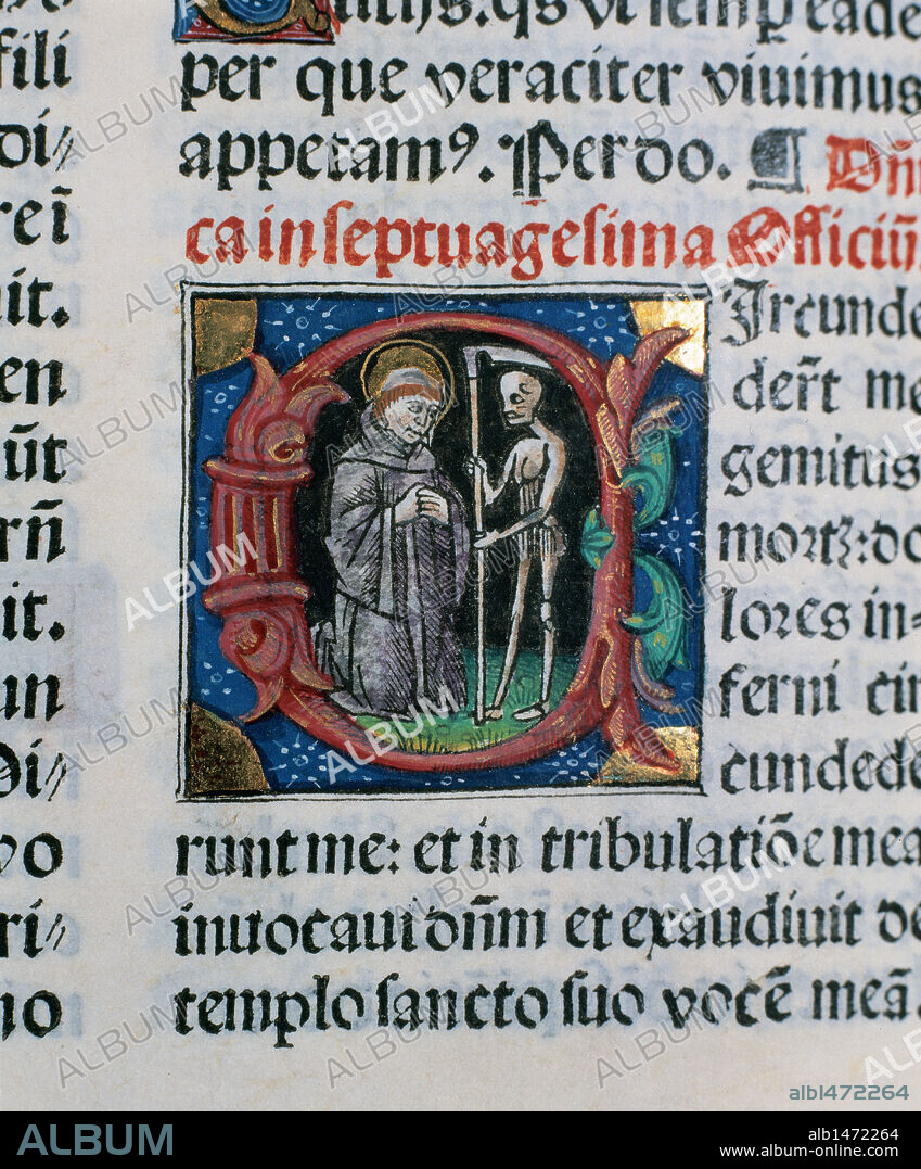 Letra capitular con la REPRESENTACION DE UN FRAILE JUNTO A LA MUERTE. "MISAL" del siglo XVI, escrito en latín. Códice 9. Impreso en el año 1524 en la Imprenta Rosembach (Barcelona). Archivo Capitular de Tortosa. Provincia de Tarragona. Cataluña.