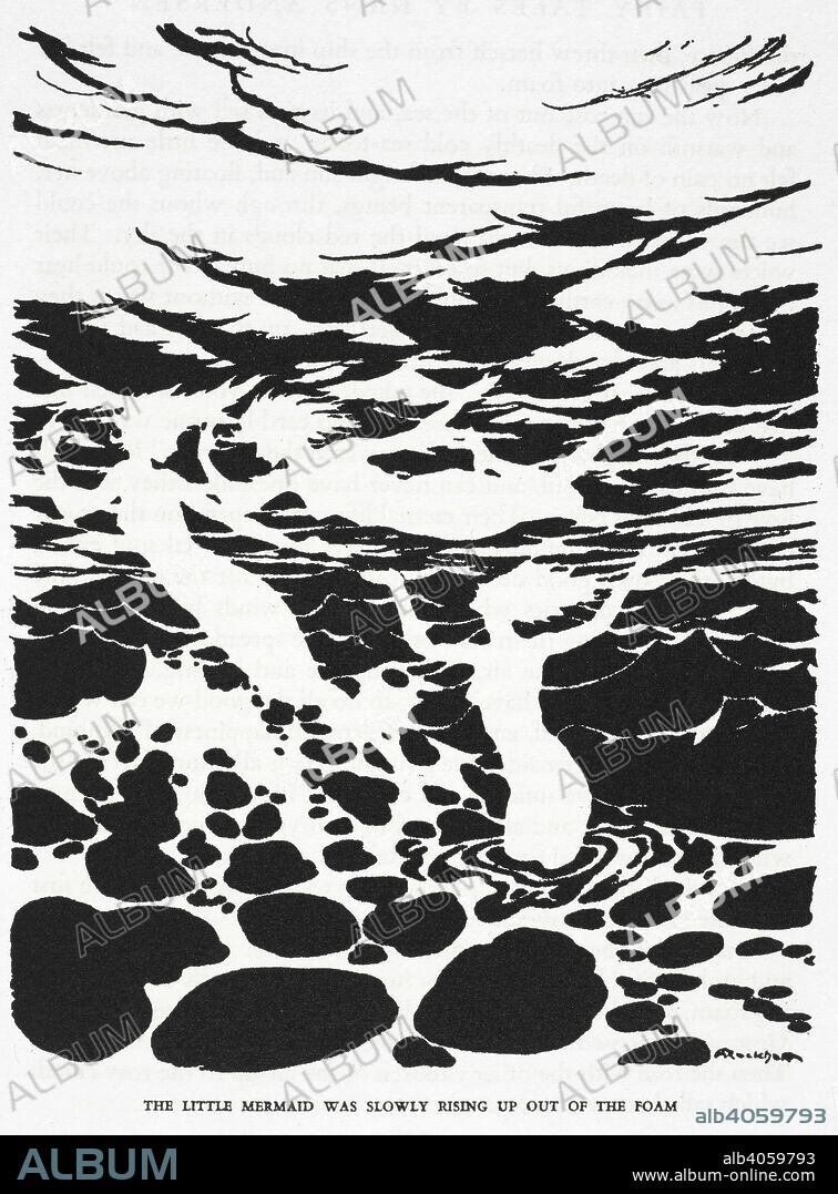 HANS CHRISTIAN ANDERSEN and ARTHUR RACKHAM. 'The little mermaid was slowly rising up out of the foam'. Mermaids in the sea. Illustration for the story, 'the little mermaid'. Fairy Tales ... Illustrated by Arthur Rackham [and selected by him]. London : G. G. Harrap & Co., 1932. Source: C.194.b.161 page 227.