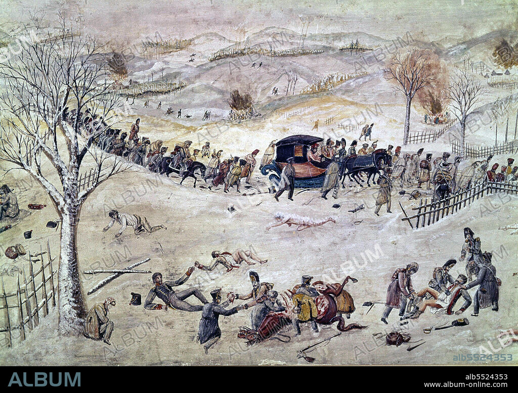 NAPOLEON I. EMPERADOR DE FRANCES . 1769 - 1821. " RETIRADA DEL EJERCITO FRANCES DESPUES DE SU ENTRADA EN MOSCU ". HOSTIGADOS POR LOS COSACOS LOS SOLDADOS FRANCESES MURIERON A MILES.