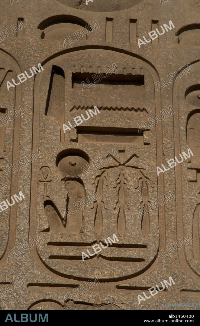 ESCRITURA JEROGLIFICA. EGIPTO. PROTOCOLO REAL DE RAMSES II. Detalle de uno de los CARTUCHOS donde se escribía el conjunto de nombres o títulos que asumía el faraón en el momento de su ascensión al trono. OBELISCO DE RAMSES II. TEMPLO DE LUXOR. DINASTIA XIX. (1320-1200 a. C.). IMPERIO NUEVO.