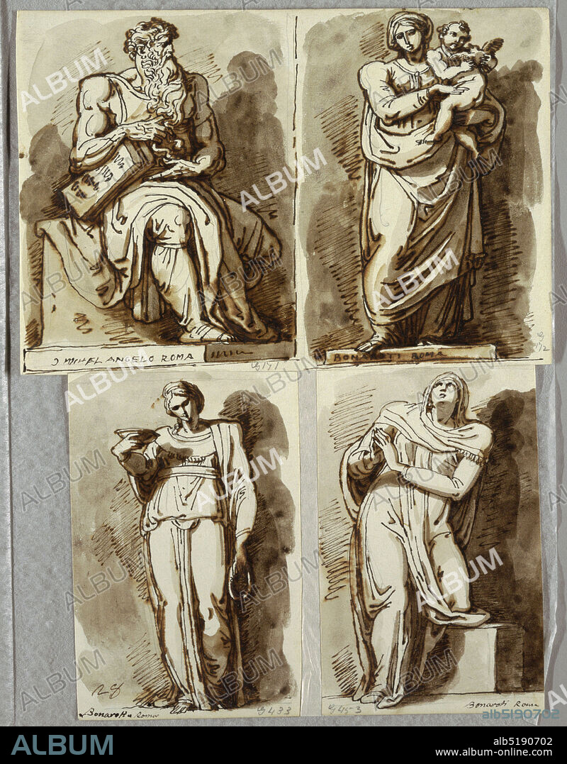 Studies after Four Statues on the Tomb of Julius II, after Michelangelo: Moses; Madonna and Child; Leah, Virtue; Rachel, Religion, Felice Giani, Italian, 17581823, Pen and brown ink, brush and brown wash, over black chalk on white heavy wove paper, Italy, Italy, 182122, figures, Sketchbook folio, Sketchbook folio.
