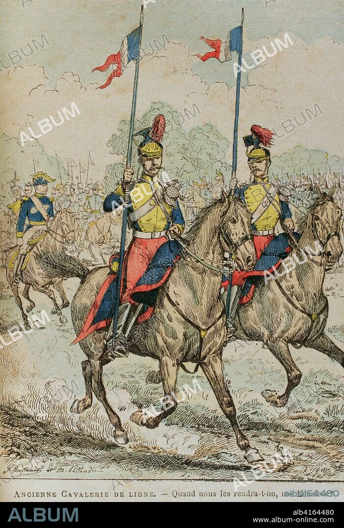 Ejército francés. Antigua caballería de línea. Ilustración a color de la "Armeé Française, Nos Soldats" (Ejército Francés, Nuestros Soldados). Autor, Eugene Hennebert (1826-1896). París, h. 1890. Ilustraciones firmadas por Hussenot y Pallandre. Biblioteca Histórico Militar de Barcelona, Cataluña, España.