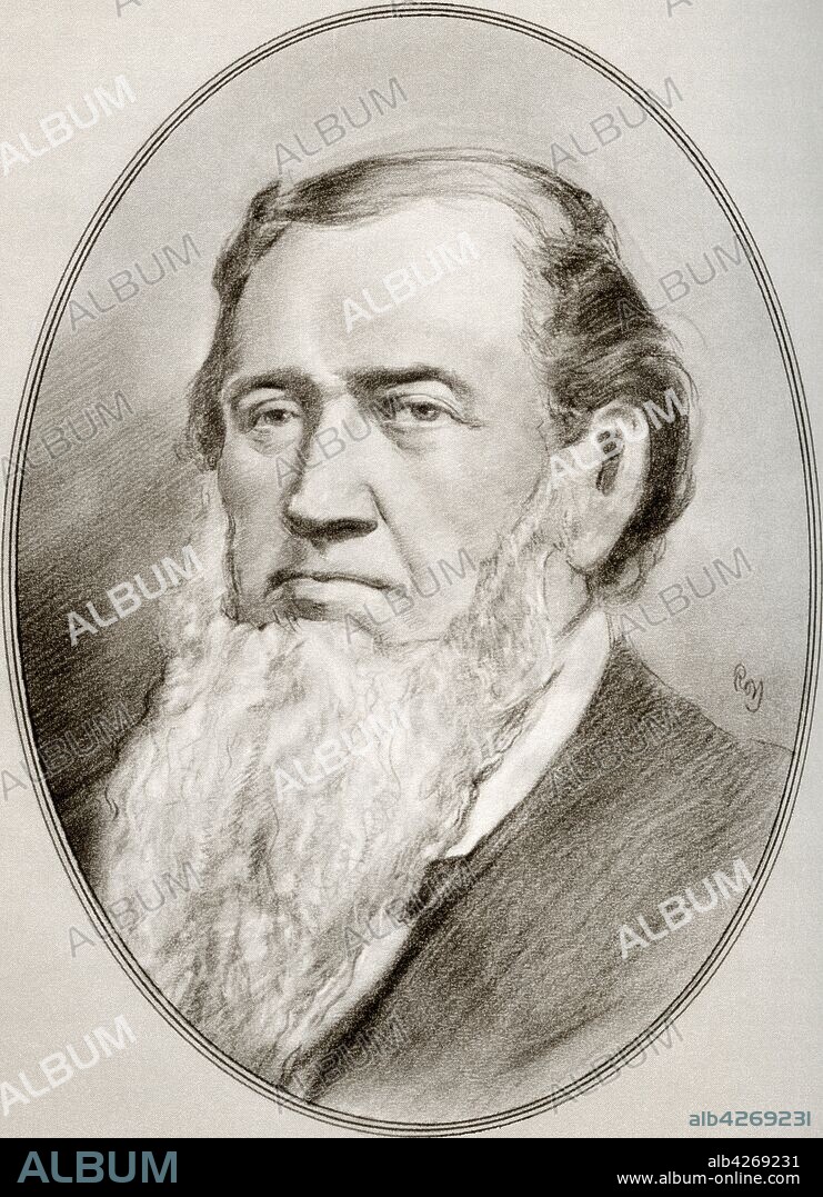 Brigham Young,  1801 – 1877 American religious leader,  politician,  settler and the second president of The Church of Jesus Christ of Latter-day Saints He founded Salt Lake City and served as the first governor of the Utah Territory Illustration by Gordon Ross,  American artist and illustrator 1873-1946,  from Living Biographies of Religious Leaders.
