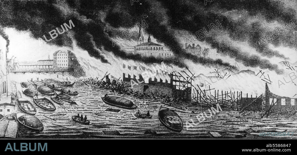 Hamburg. Der große Brand von Hamburg, 5.-8. Mai 1842: Ansicht des Altenwallfleths von der Graskellerbrücke am 6. Mai um 7 Uhr morgens. Lithographie von Peter Suhr (1788-1857).
