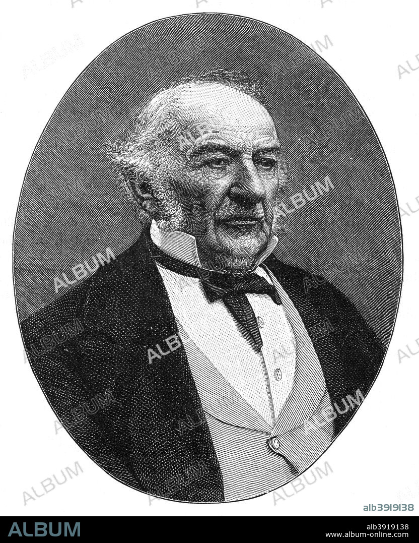William Ewart Gladstone, British Liberal Party statesman and Prime Minister, (1900). William Gladstone (1809-1898) was born in Liverpool and educated at Oxford from where in 1832 he embarked on his political career. He became Prime Minister in 1868, and then a further two times in 1880 and 1886. Whilst in power Gladstone bought in major reforms to Ireland and established a system of national education in England. A print from The Life and Times of Queen Victoria, by Robert Wilson, Volume IV, Cassell and Company, London, Paris, New York, Melbourne, 1900.