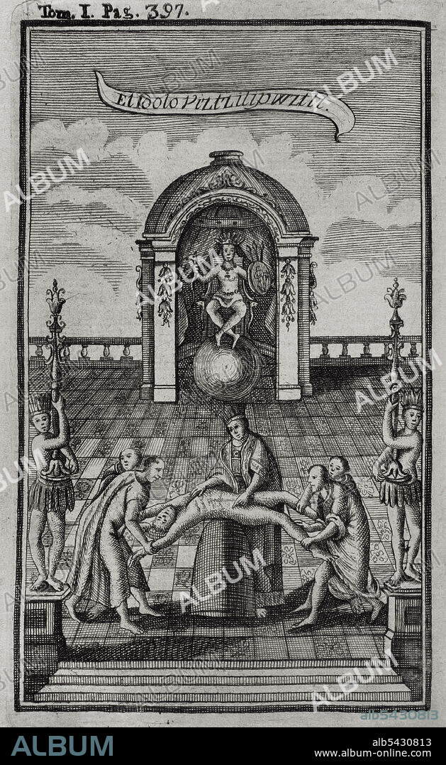 Idol Vitzliputzli (Huitzilopochtli). Mexican idol. Engraving. "Historia de la Conquista de México, población, y progresos de la América septentrional, conocida por el nombre de Nueva España" (History of the Conquest of Mexico, population, and progress of northern America, known by the name of New Spain). Written by Antonio de Solís y Rivadeneryra (1610-1686), Chronicler of the Indies. Volume I. Edition published in Barcelona and divided into two volumes, 1771. King's printer: Thomas Piferrer. Historical Military Library of Barcelona. Catalonia, Spain.