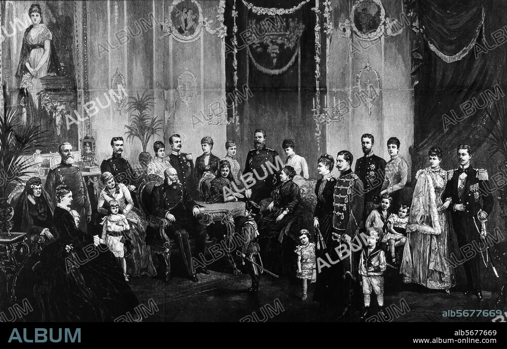 Wilhelm I., König v. Preußen (ab 1861) u. Deutscher Kaiser (ab 1871), 1797-1888. "Kaiser Wilhelm I. und die Seinen". Mit seiner Gemahlin Augusta, Sohn Friedrich (III.), Tochter Luise v. Baden, deren Ehegatten, Kindern und Enkeln). Holzstich nach Gemälde von Theodor Volz (1850-1916). Berlin, Sammlung Archiv für Kunst und Geschichte.