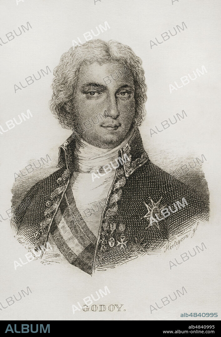 Manuel Godoy (1767-1851). Noble y político español, favorito y Primer Ministro de Carlos IV. Duque de la Alcudia y de Sueca. Príncipe de la Paz por su participación en la"Paz de Basilea"en 1795. Ilustración por Antonio Gómez. Grabado por Hortigosa. Guerra y Revolución de España, por el Conde Toreno. Madrid,1851.