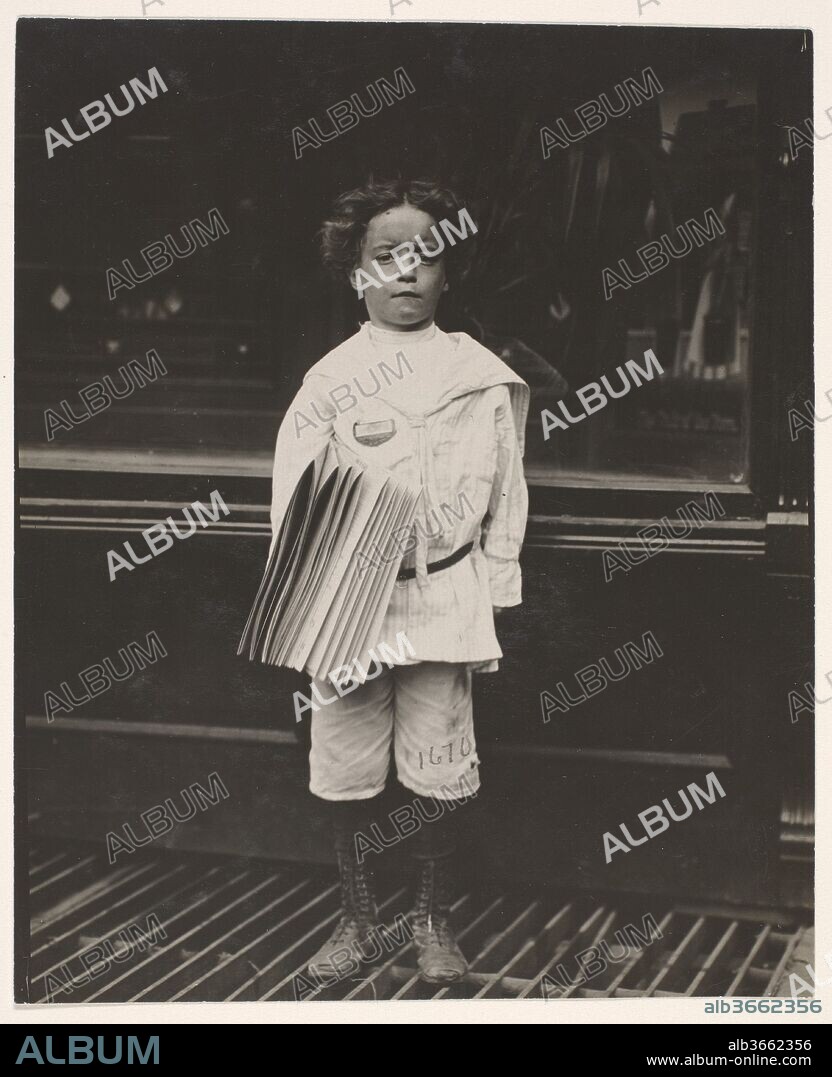 Jo Lehman, a 7 year old newsboy. 824 Third Ave., N.Y. City. He was selling in this Saloon. I asked him about the badge he was wearing.  "Oh! Dat's me bruder's," he said. Location: New York, New York. Artist: Lewis Hine (American, 1874-1940). Dimensions: Image: 11.6 x 9.5 cm (4 9/16 x 3 3/4 in.). Date: July 1910.
Trained as a sociologist at Columbia University, Hine gave up his teaching job in 1908 to become a full-time photographer for the National Child Labor Committee. The success of the reform agency, created four years earlier, was largely dependent on its ability to sway public opinion. Influenced by Jacob Riis's pictures of slum conditions on New York's Lower East Side, Hine obsessively documented the working conditions of children in mills, factories, and fields across the country, often going undercover to gain access to his subjects. The results--more than five thousand photographs--were used in field reports, exhibitions, pamphlets, and slide lectures. Hine's decidedly unromantic, understated pictures served as a potent weapon of persuasion.