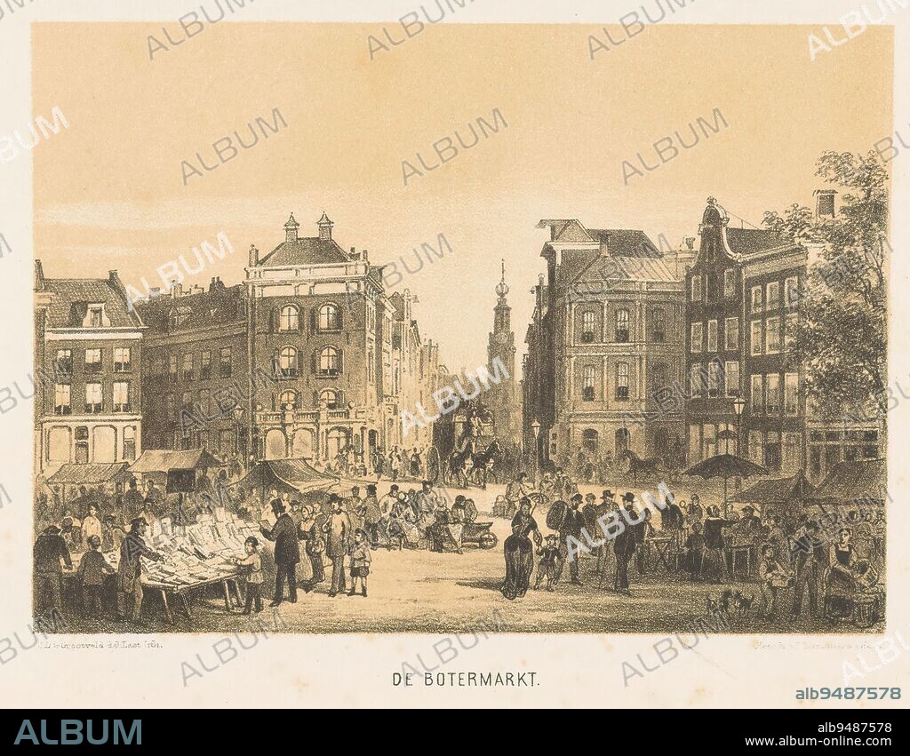De Botermarkt (title on object), View of the Botermarkt in Amsterdam, seen towards the entrance of the Reguliersbreestraat. In the foreground a bookseller's stall, in the background a horse-drawn streetcar and view through to the Munttoren., print maker: Carel Christiaan Antony Last, (mentioned on object), after design by: Jan David Geerling Grootveld, (mentioned on object), printer: P. Blommers (Steendrukkerij van), (mentioned on object), printer: The Hague, publisher: Amsterdam, 1875, paper, height 151 mm × width 244 mm.