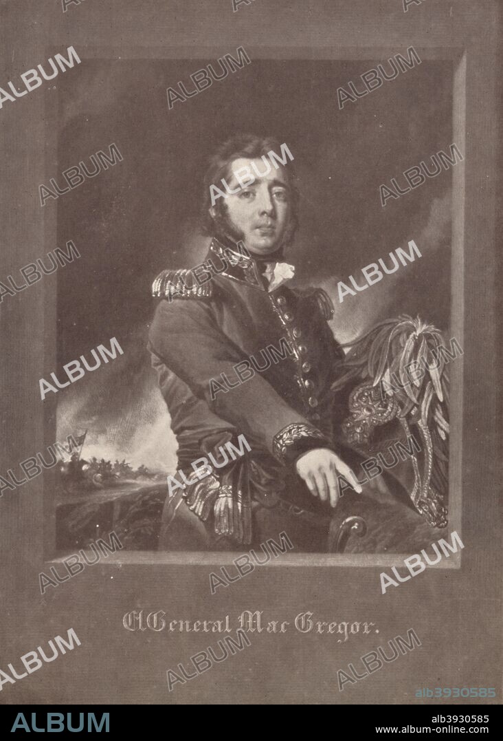 'General MacGregor', c1825 (1909). General Gregor MacGregor (1786-1845) was a Scottish soldier, adventurer and confidence trickster who from 1821 to 1837 attempted to draw British and French investors and settlers to Poyais, a fictional Central American territory he claimed to rule as Cazique. After Simon Jacques Rochard (1788-1872). Gregor MacGregor (1786-1845) was a Scottish General. From British Military Prints, by Ralph Nevill. [The Connoisseur, London, 1909].