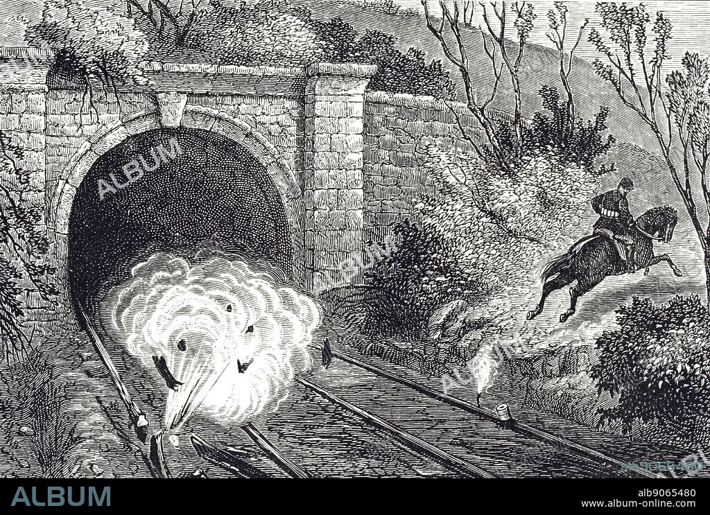 An engraving depicting a cavalry pioneer blowing up a railway line. These pioneers, equipped with a belt full of small charges with a belt full of small charges of dynamite or gun cotton, were able to sabotage strategic targets. Dated 19th century.