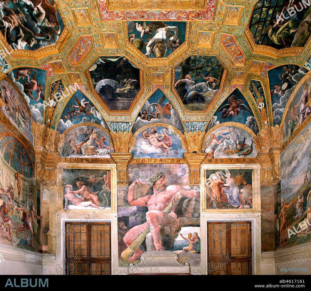 Mantua, Palazzo Te (Gonzaga's summer residence), Sala di Amore e Psiche: east wall. At the centre, Polyphemus, on the left Zeus and Olympia, on the right Pasiphaë. Frescoes by Giulio Romano (1526 - 1528) who got his inspiration from Apuleius' Metamorphoses.