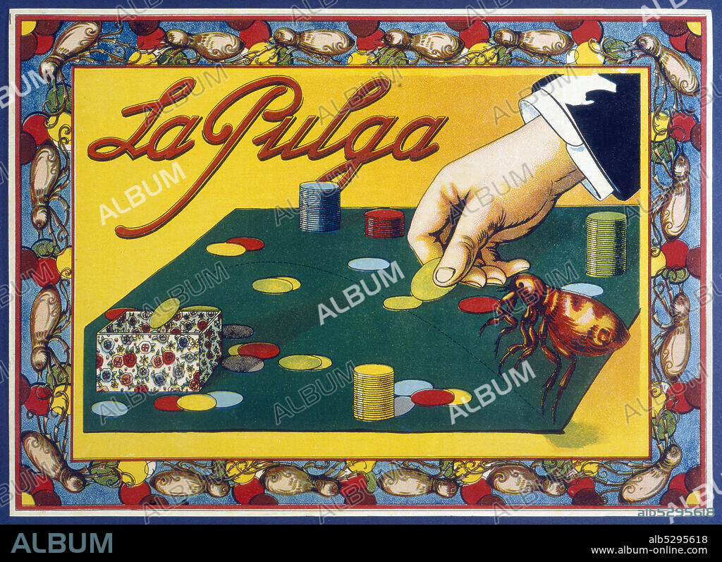 Juguetes de cartón y madera. Caja del juego La Pulga, fabricado por Juguetes Borrás, de Mataró. Año 1930.