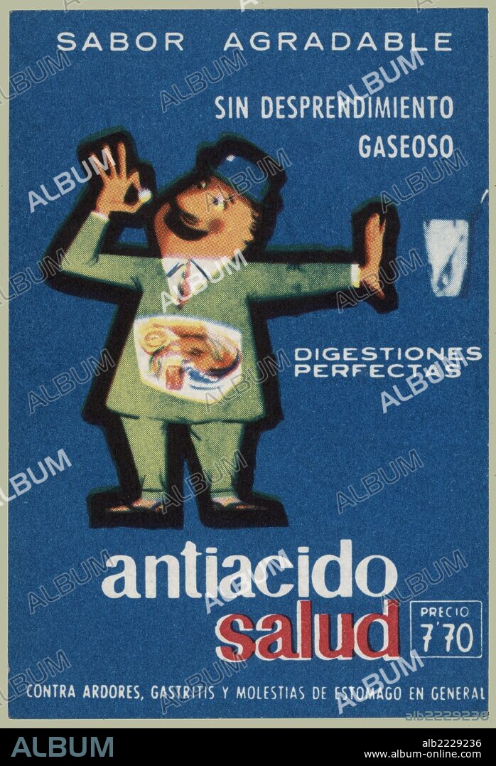 España. Publicidad. Tarjeta de Antiácido Salud contra los ardores de estómago, de Laboratorio Salud. Barcelona, añós 1950.