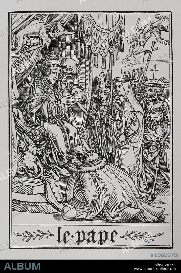 El Papa visitado por la Muerte. Facsímil de un grabado perteneciente a la serie de "La Danza de la Muerte" de Hans Holbein el Joven, en "Les Simulachres et Histoires facées de la Mort", 1538. "Vie Militaire et Religieuse au Moyen Age et à l'Epoque de la Renaissance". París, 1877.
