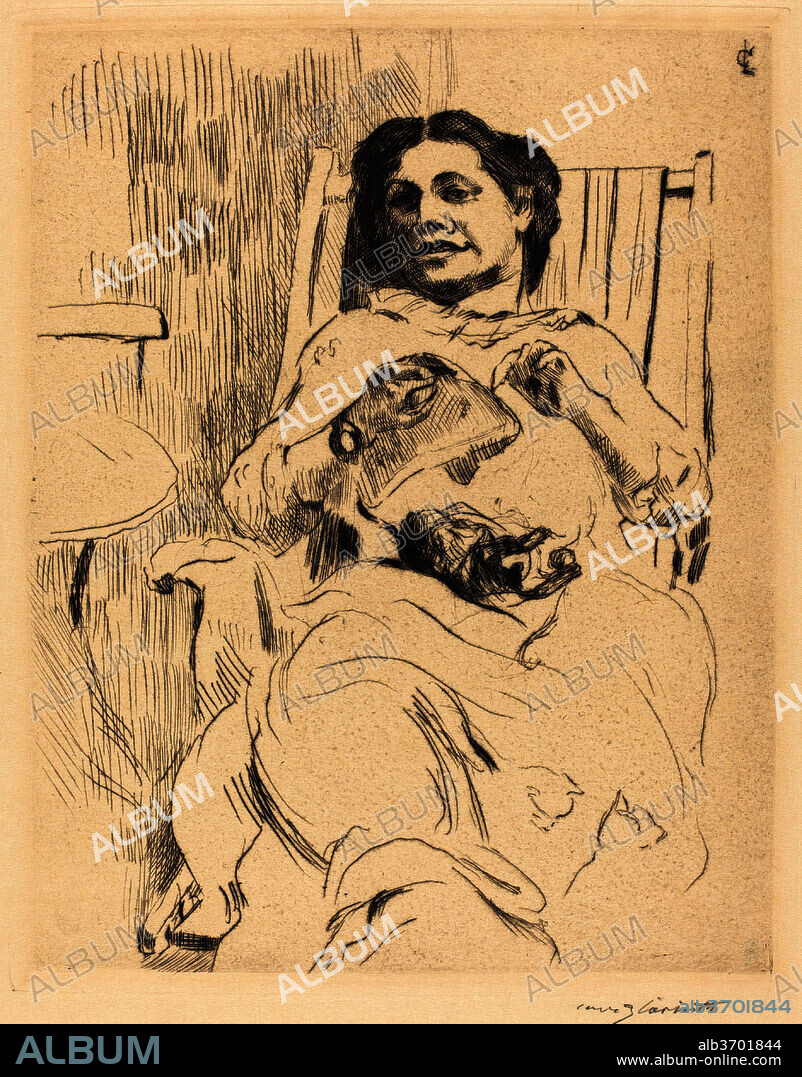 LOVIS CORINTH. Woman with Needlework (Frau mit Handarbeit). Dated: 1912. Dimensions: plate: 24.8 x 19.6 cm (9 3/4 x 7 11/16 in.)  sheet: 37.9 x 24.5 cm (14 15/16 x 9 5/8 in.). Medium: drypoint in black on wove paper.