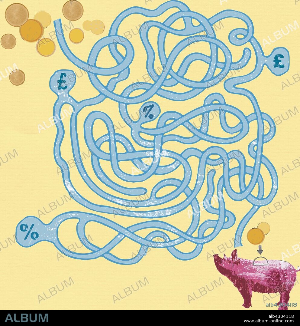 Savings maze with coins, piggy bank, British pound symbol and percentage sign.