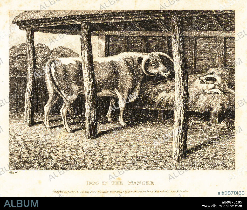 A dog sleeping on hay in a barn snarls at a cow trying to eat. Dog in the manger. Illustration of a saying in the apocryphal Gospel of Thomas. Copperplate etching drawn and engraved from life by Samuel Howitt from his own A New Work of Animals, Principally Designed from the Fables of Aesop, Gay and Phaedrus, Edward Orme, London, 1811.