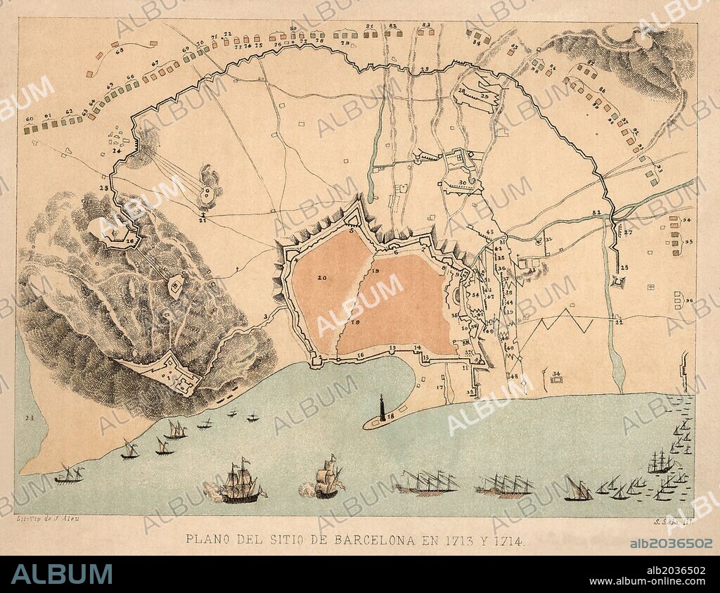 Guerra de sucesión (1714). Plano del sitio de Barcelona entre 1713 y 1714 por los ejércitos de Felipe V. Grabado de 1890.
