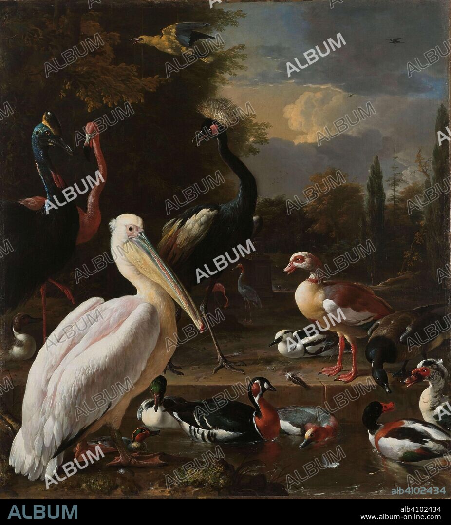 MELCHIOR D'HONDECOETER. A Pelican and other Birds near a Pool, Known as 'The Floating Feather'. Dating: c. 1680. Measurements: h 159 cm × w 144 cm.