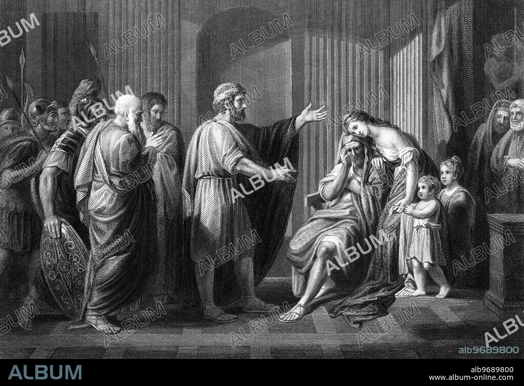 The Banishment of Cleombrotus - from the original picture by Benjamin West. Cleombrotus I was a Spartan king from 380 BC until 371 BC. Leonidas II, King of Sparta, was usurped by his son-in-law, Cleombrutus. When Leonidas returns looking for revenge, his daughter pleads for her husband's life. Leonidas is moved by her tears, and commutes Cleombrutus's death sentence to banishment. ©TopFoto.