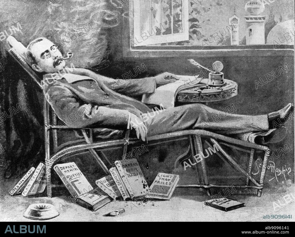 Kipling at home. In June 1897 Kipling's story for boys 'Winning the Victoria Cross' was published in the Windsor Magazine prefaced by this cartoon of a ruminant Kipling by Scott Rankin.