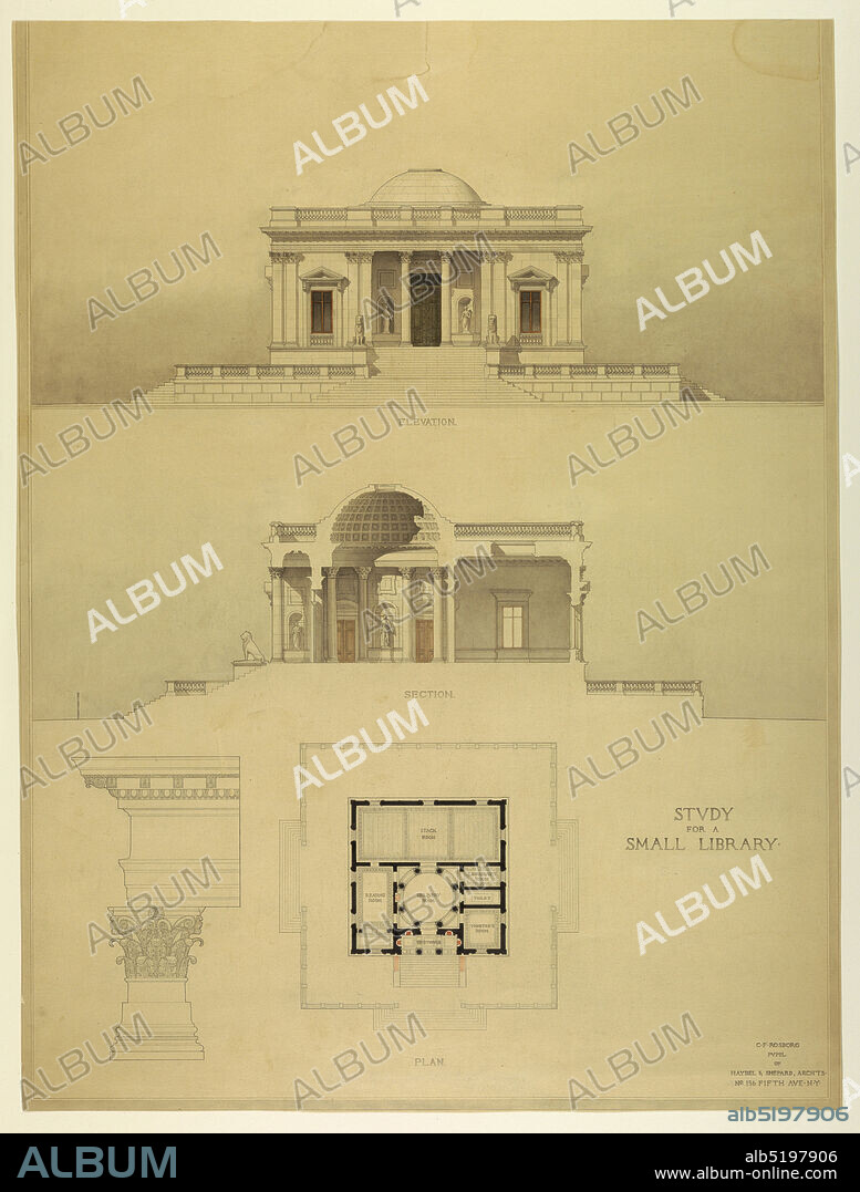 Design for a small library: front elevation, section, plan, Pen and ink, brush and watercolor, gray wash on paper, Front elevation, above, of a small building in the classical style, standing on a podium. Center, a section through a side elevation, showing the vestibule, delivery room, and Stack room. Plan, below, and detail of order (Corinthian), left., USA, ca. 1905, architecture, Drawing, Drawing.