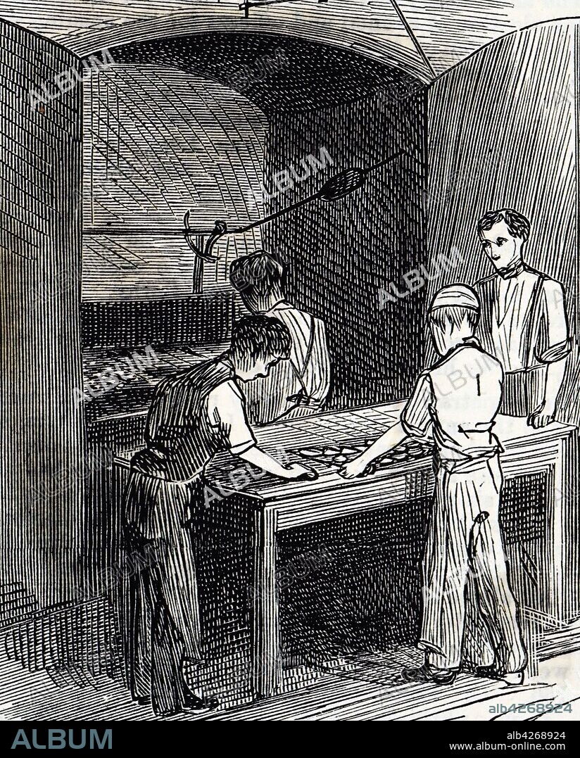 Engraving depicting biscuits being put into the oven at the Peek Frean & Co.'s biscuit factory. Dated 19th century.