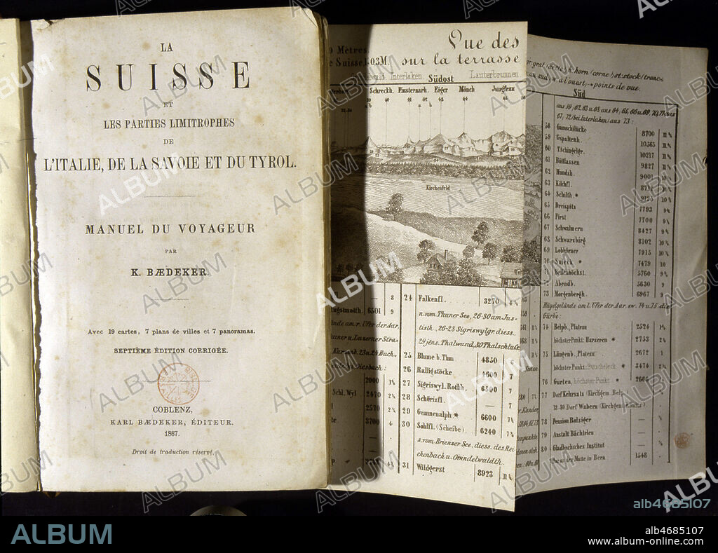 Page de titre du Guide BAEDEKER (1801-1859) de la Suisse, edition de 1867 (19e, 19eme, XIXe s.). Credit : JEAN VIGNE / KHARBINE-TAPABOR.